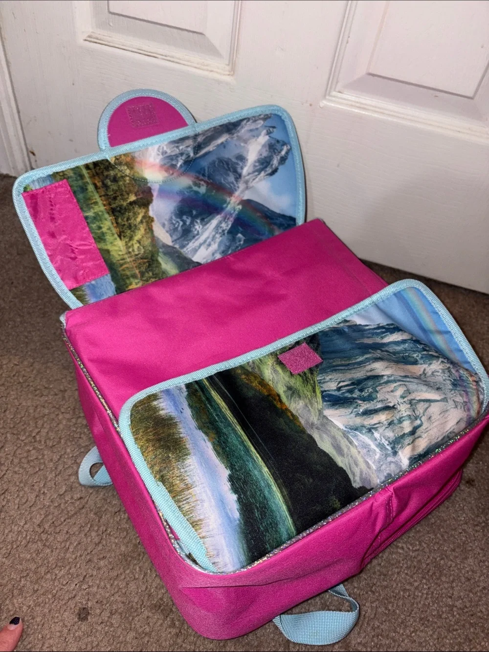 Girls' Pink & Light Blue Mountain Print play scene backpack
